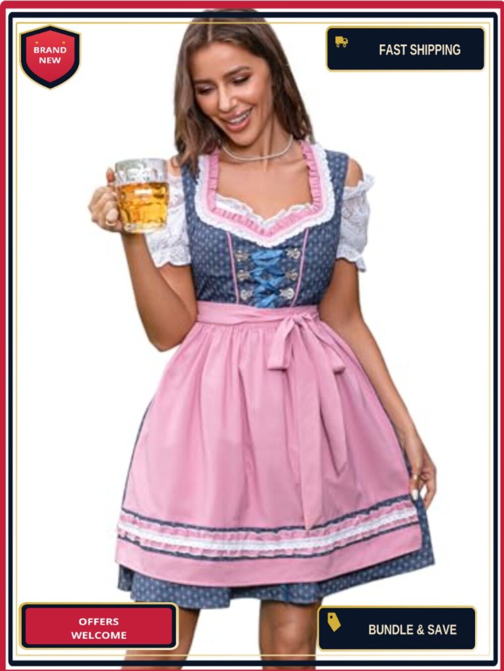 Dirndl Dress 3 Piece Set Blouse Apron Embroidered Oktoberfest Costume